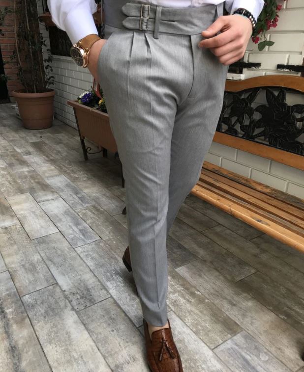 ASH GREY DOUBLE PLEATED BUCKLE PANTS