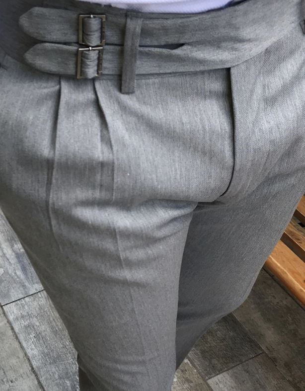 ASH GREY DOUBLE PLEATED BUCKLE PANTS