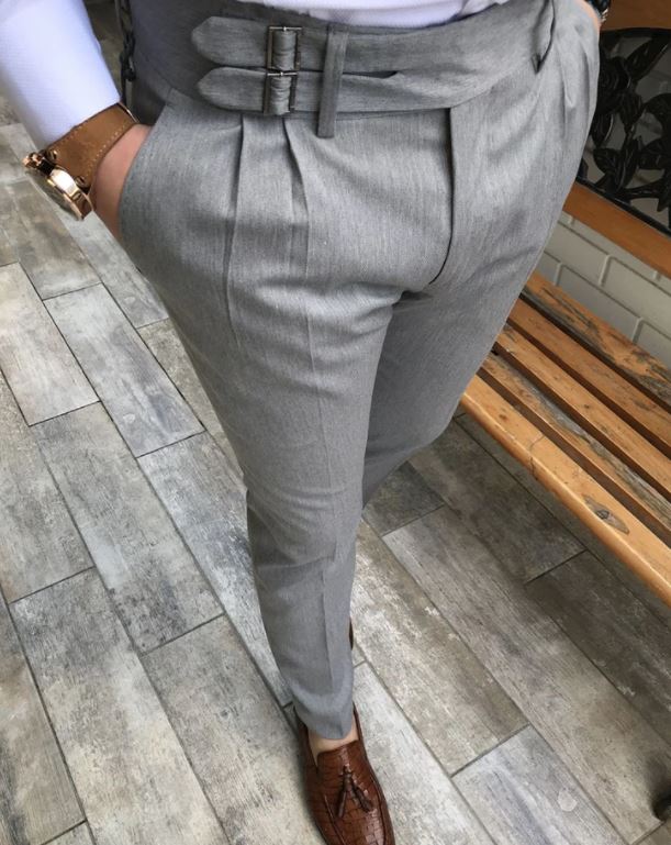 ASH GREY DOUBLE PLEATED BUCKLE PANTS