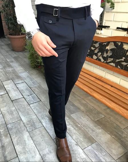 NAVY BLUE SINGLE PLEATED BUCKLE PANTS