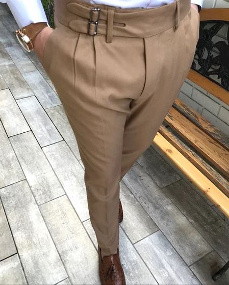 CAMEL BROWN DOUBLE PLEATED BUCKLE PANTS