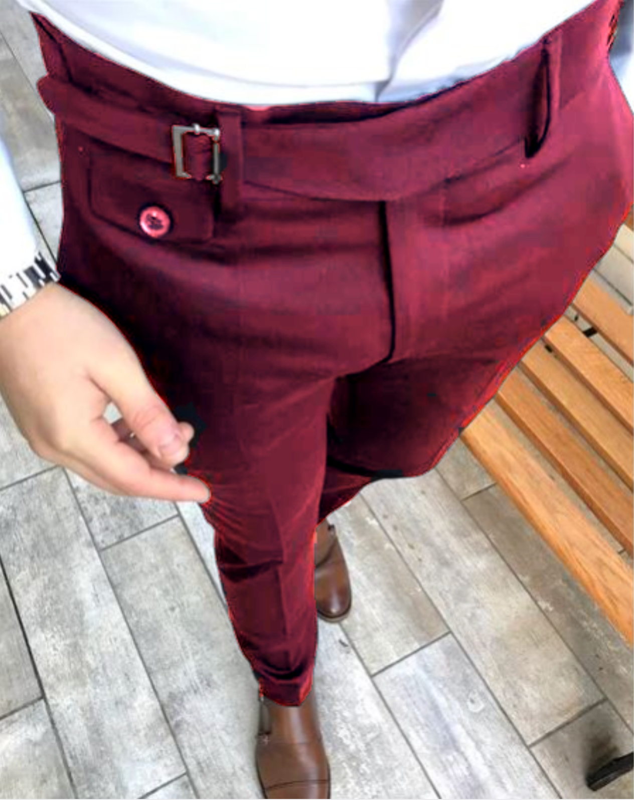 WINE  SINGLE PLEATED BUCKLE PANTS