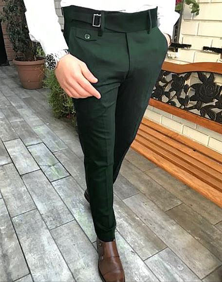 BOTTLE GREEN SINGLE PLEATED BUCKLE PANTS