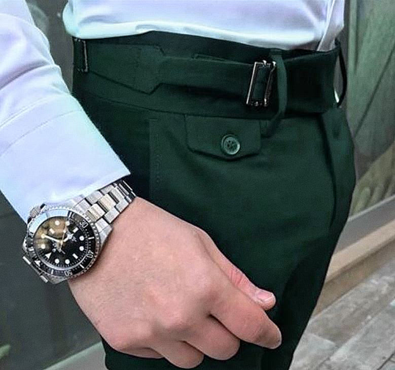 BOTTLE GREEN SINGLE PLEATED BUCKLE PANTS