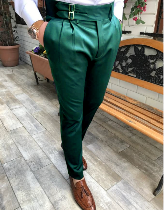 BOTTLE GREEN DOUBLE PLEATED BUCKLE PANTS