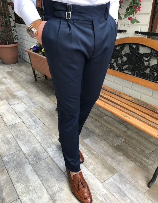 NAVY BLUE DOUBLE PLEATED BUCKLE PANTS